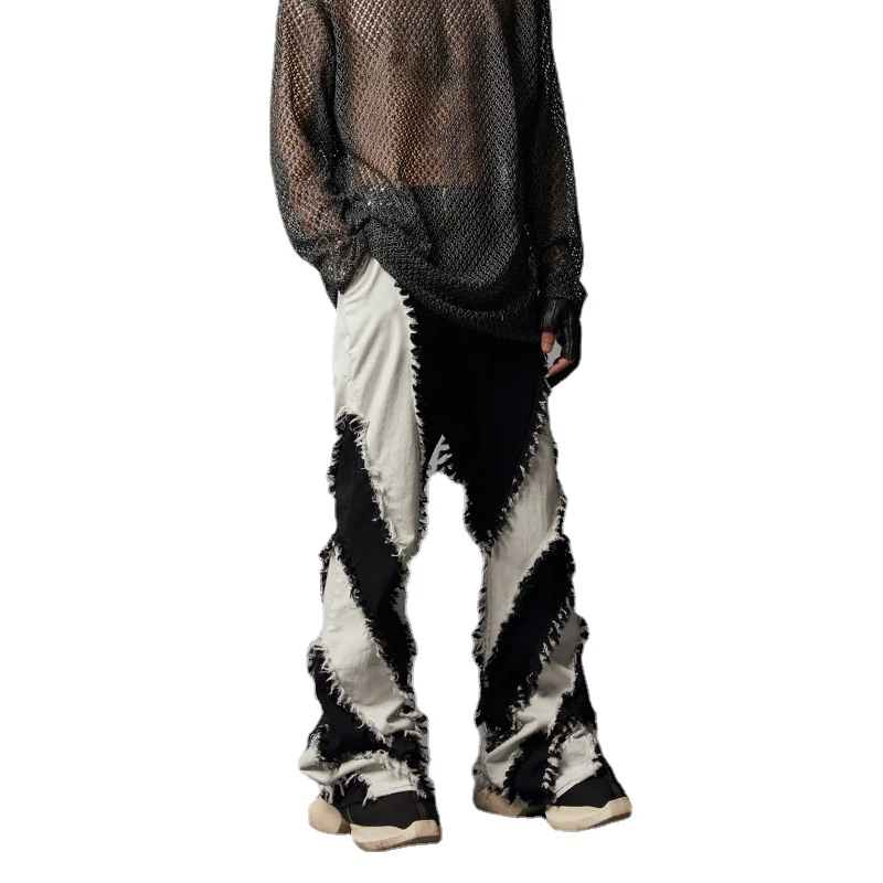 Avant-Garde Style Y2K Black and White Stitching Contrast Color Tassel Washed Jeans Men and Women's Casual Flared Pants Trousers
