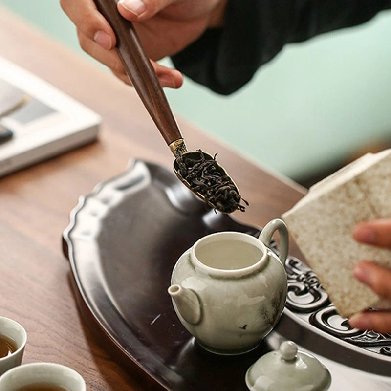 Tea Spoons Solid Wood Long Handle Alloy Divided Teaspoons Tea KongFu Ceremony Utensils Set Nuts Scoop Spice Shovel