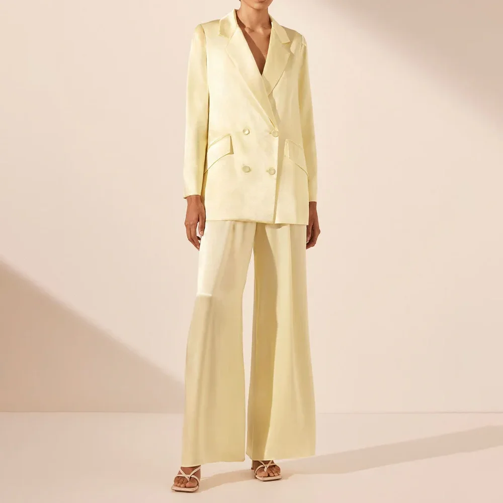 Fashion Yellow Satin Women Pants Sets Chic Notch Lapel Double Breasted Wear Elegant Basic Daily Casual Female Suit Two Piece women suit set