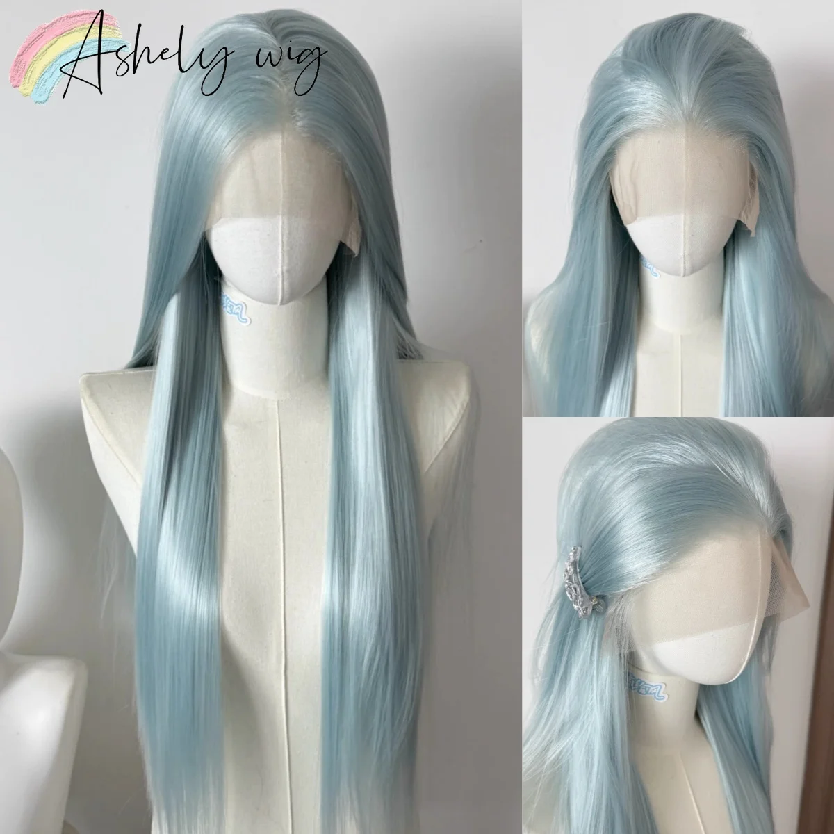 Light Blue Lace Front Wig for Women 24inch High Quality Cosplay Wig Heat Resistant Synthetic Lace Wigs for Daily Use Cosplay