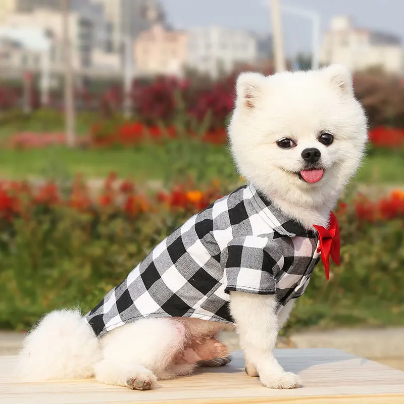 Pet Dog Shirt Bowtie T-Shirts Classical Plaid Thin Breathable Summer Dog Clothes for Small Large Dogs Puppy