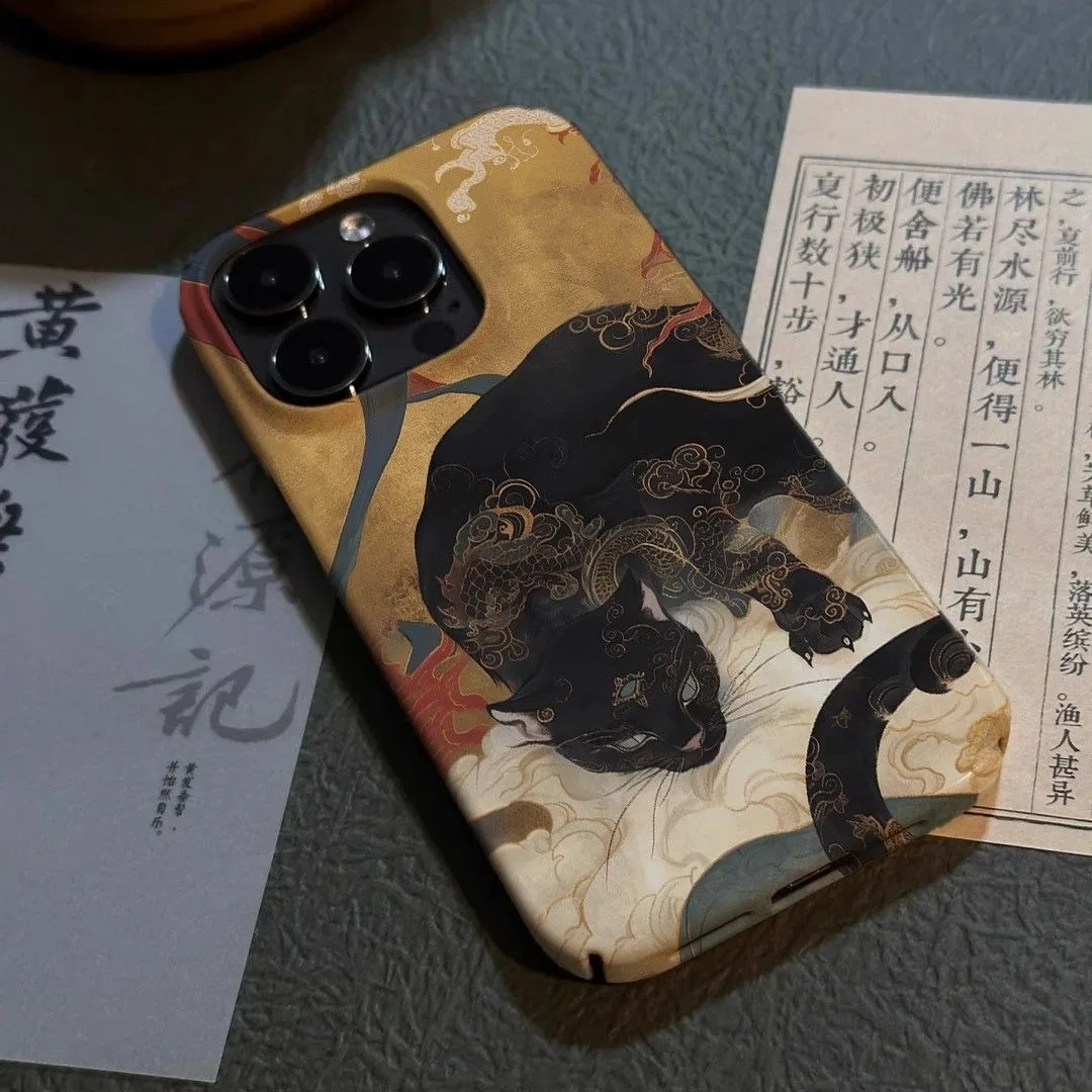 Oriental Style Black Cat with Ornate Patterns Phone Case - Ancient Beast Design Back Cover