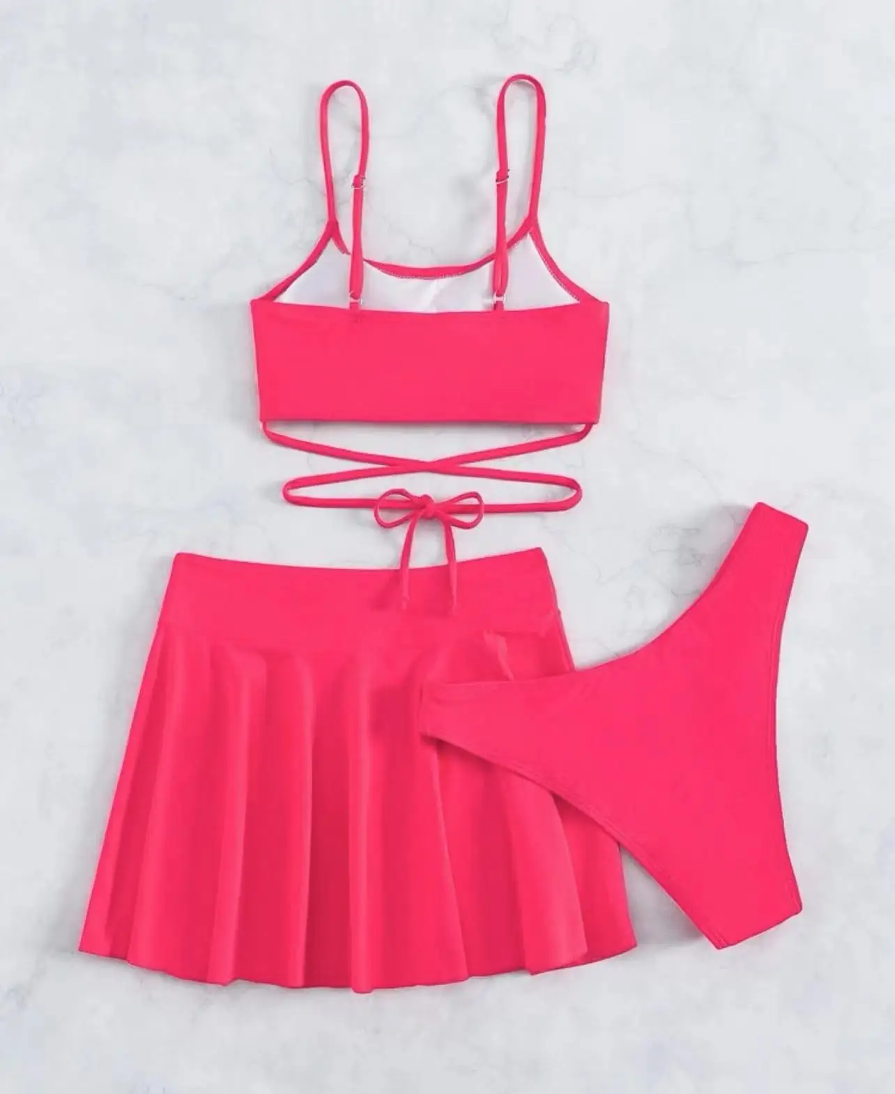 New Rose 3 Pieces Set Swimsuit Women Thong Swimwear Bandeau Bikini Set With Skirt Beach Cover Up Push Up Biquinis Bathing Suit
