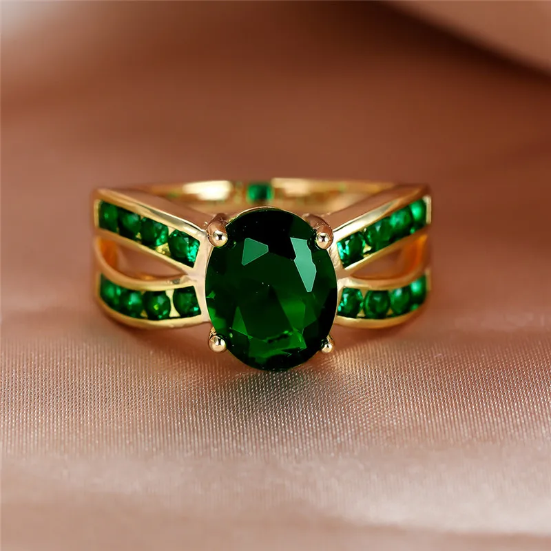 Luxury Female Crystal Oval Charm Gold Color Engagement Jewelry Dainty Green Zircon Stone Wedding Rings For Women