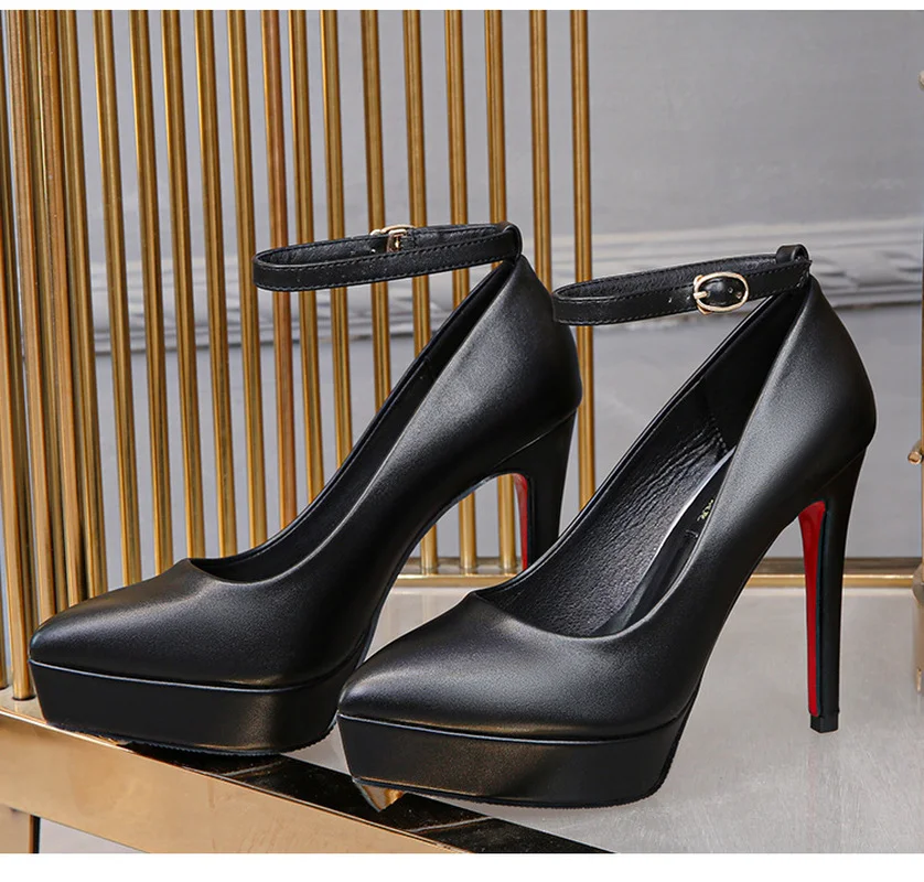 

Fashion One Word Buckle Pointed Toe High Heels 12cm Sexy Platform Thin Heels Lady Party Pumps Career Work Shoe Small Size 32 33