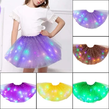 발광 LED 푹신한 스커트, 여아용 레이어드 발레 댄스 플리츠 스커트, 얇은 명주 그물 라이트 업 짧은 원피스, 생일 파티 착용 코스튬