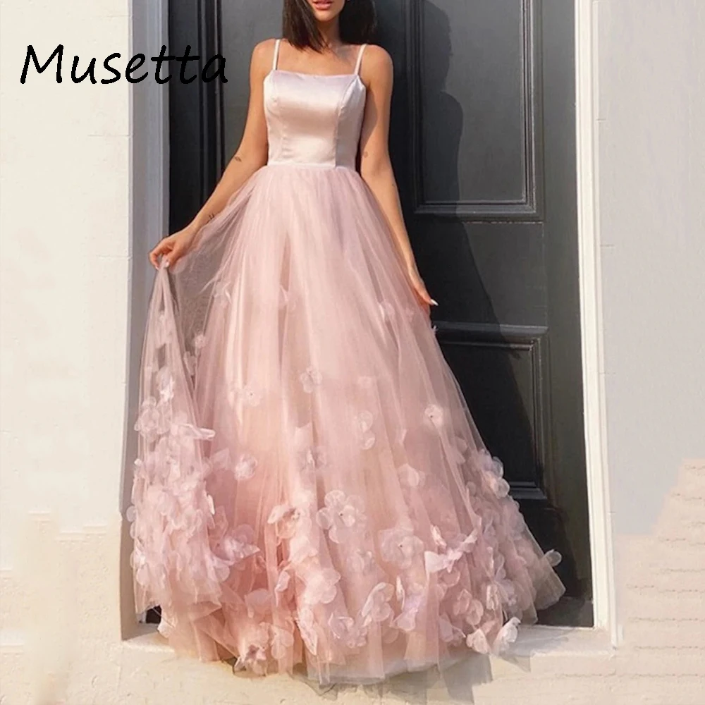 

Musetta New Style 3D Flower Applique Prom Dress Sling Square Collar Elegant Evening Gowns Mesh Tulle A-Line Vestidos De Noche