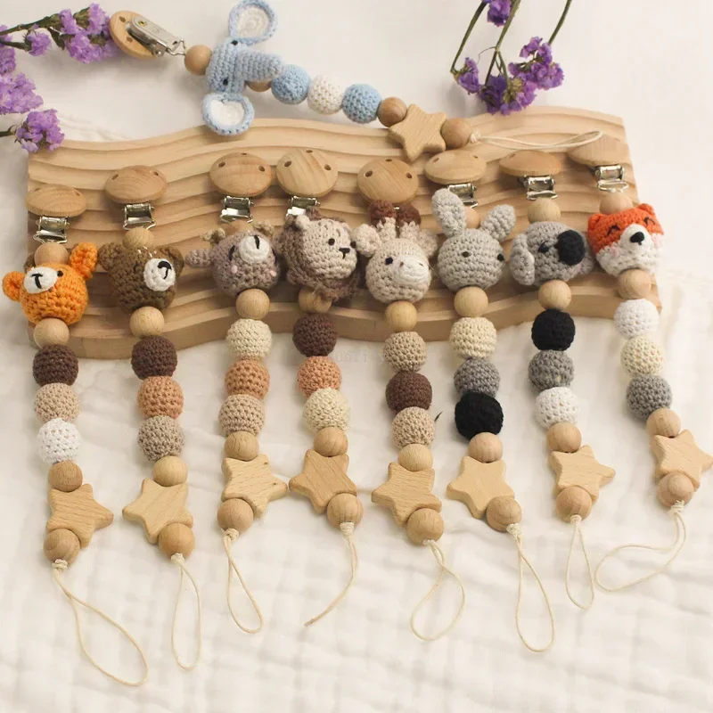 Pacifier Chain Cartoon Bunny Pacifier Chain Clip Wood Crochet Bear Teething Chain Baby Teether Soother Holder Newborn Chew Toys Pacifier Clips