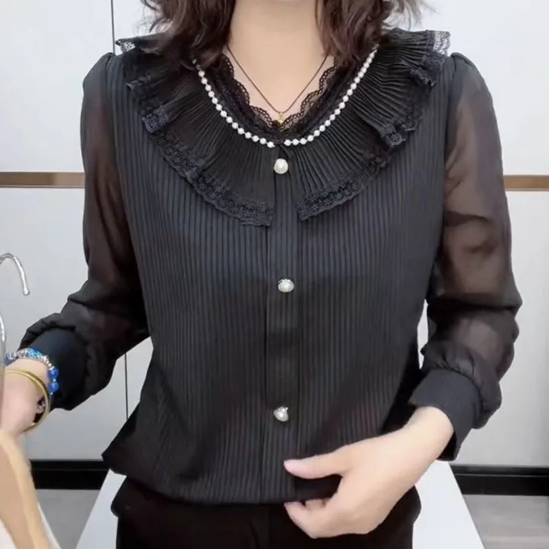 Elegant V-Neck Spliced Ruffles Beading Lace Blouse Female Clothing 2023 Spring Autumn New Oversized Casual Tops Sweet Shirt