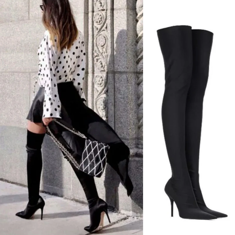 

New Sexy Elastic Boots Women High Heels Thigh High Boots Women Pointed Toe Over The Knee Boots Party Shoes Women Botines Mujer