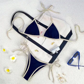 Vintage Blue Bikinis Set Triangle Border String Swimsuit Push Up Swimwear Backless Extrem Bikini Women Beach Outfit Bathing Suit 1