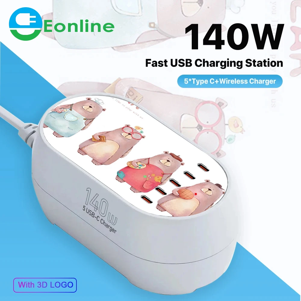 

Eonline 3D Desktop Fast Charging Adapters 140W GaN Support 15W Wireless for Laptops Phone Earphones