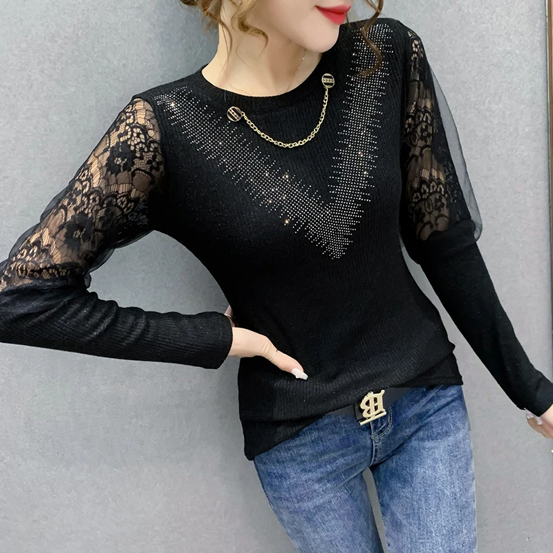

Autumn Winter Women Long Sleeve Mesh Splicing T-shirts Versatile Round Neck Diamond Solid Tops Lace Perspective Bottoming Shirt