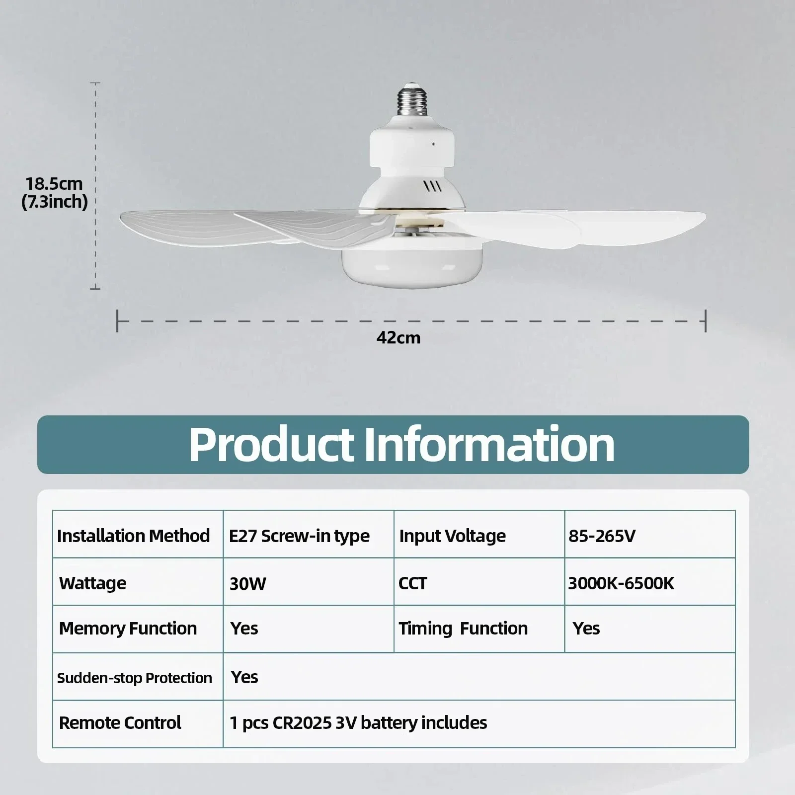 LED 40W ceiling fan light E27 with remote control for dimming, suitable for living room, study, household use, 85-265V