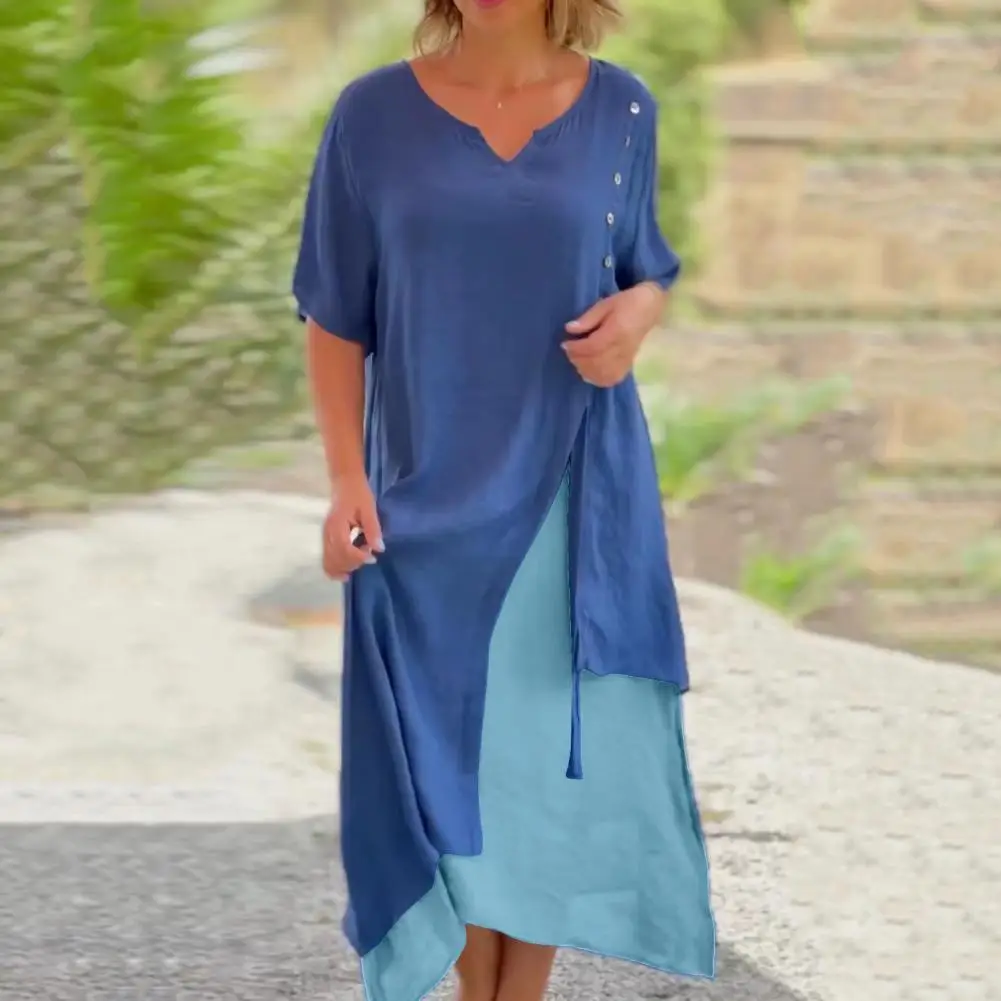 

Casual Loose Fit Dress Stylish Women's Midi Dress with V Neck Button Decor Casual Summer Long Dress with Irregular for Any