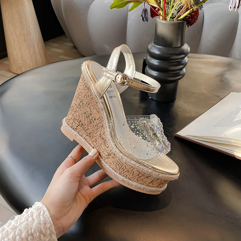 

2024 new summer women sandals natural leather shoes 22-24.5cm cowhide+pvc Rhinestone bow wedges thick heels platform women shoes