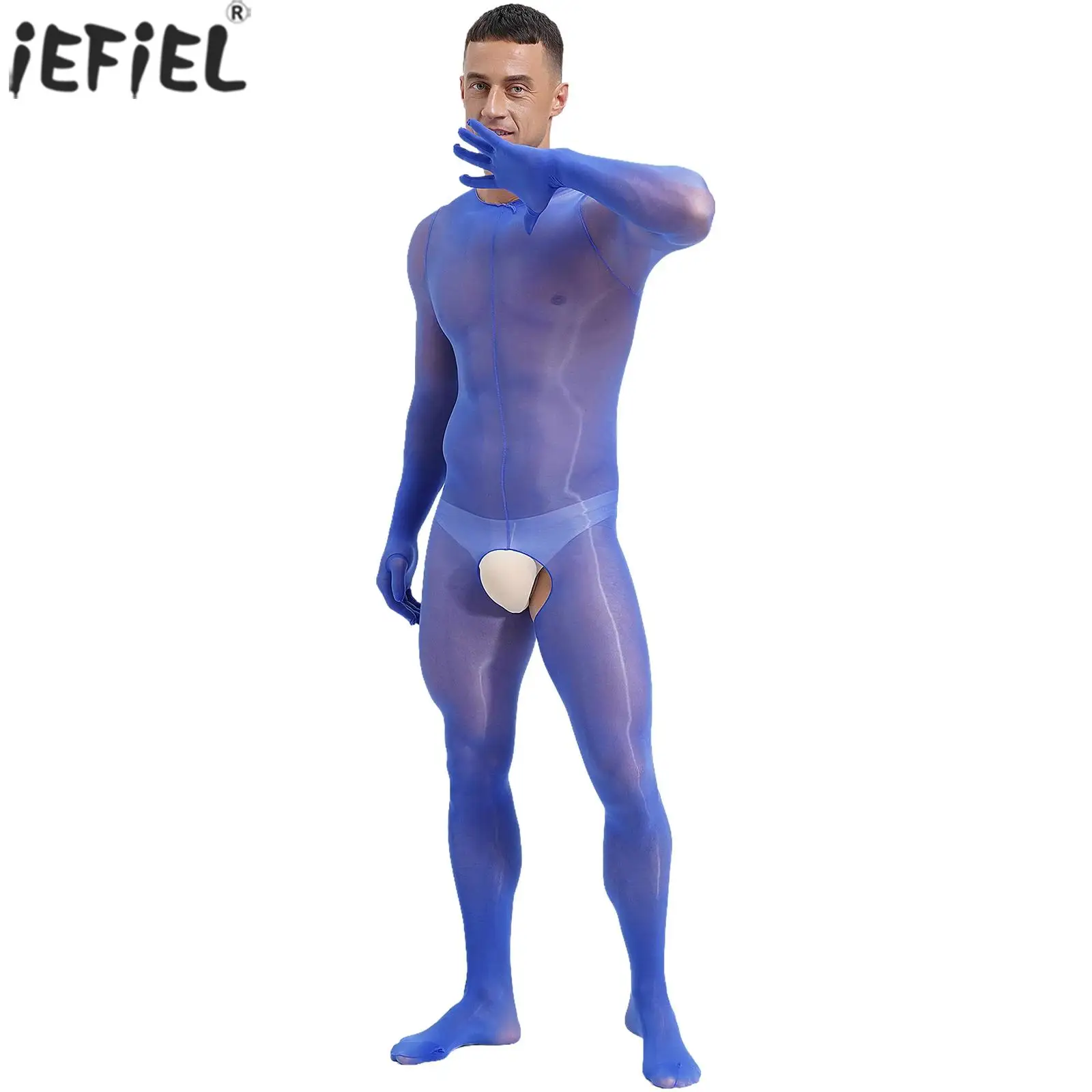 Mens Glossy See-through Long Sleeve Full-body Bodysuit Underwear Nylon Open Crotch Bodystockings Jumpsuit Unitard Nightwear