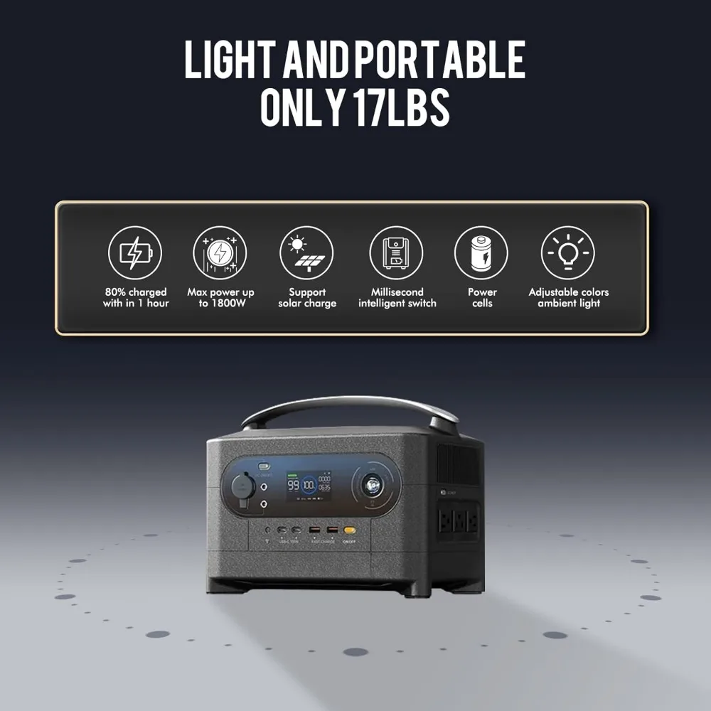 700W/720WH Portable Power Station 200000mA NCM Battery w/ 2 700W AC Outlets,With 100/200W Solar Panel Recharge from 0-80% in 60 2