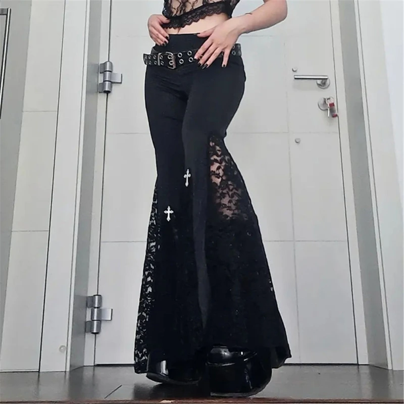 Gothic Style Flared Pants Sexy Black Lace Patchwork High Waist Trousers Vintage Harajuku Punk Style Streetwear Y2K Pants