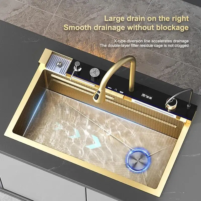 Luxury Black Golden Smart Waterfall Kitchen Sink Integrated Multifunction Digital Display Set Stainless Steel Large Single Slot 2
