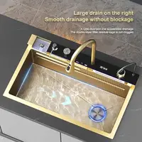 Luxury Black Golden Smart Waterfall Kitchen Sink Integrated Multifunction Digital Display Set Stainless Steel Large Single Slot 2