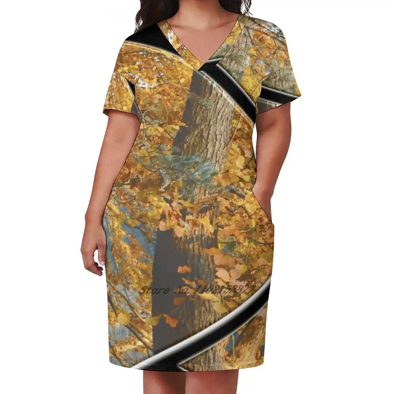 

Abstract Nature Wood Autumn Artwork Loose Pocket Dress Summer Sexy V Neck Dress Print Short Sleeve Dress Nature Wood Autumn