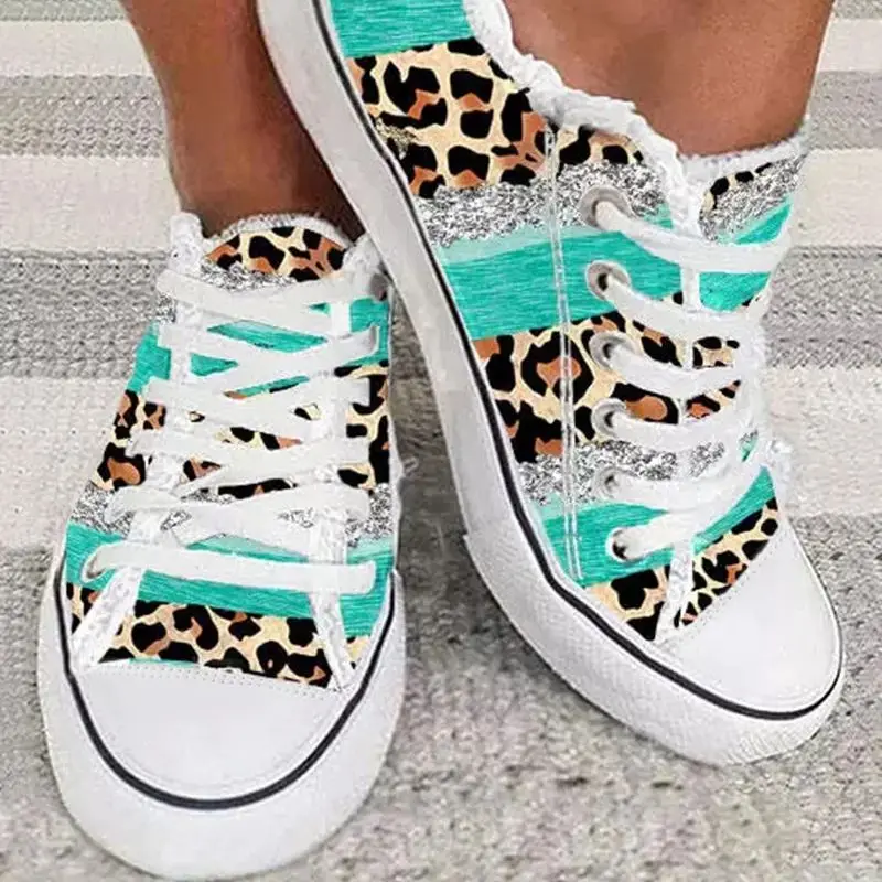 

Women Shoes Going Out Casual Flat Shoes Fashion Daily Wear Round Toe Contrast Leopard Print Frayed Canvas Sneakers