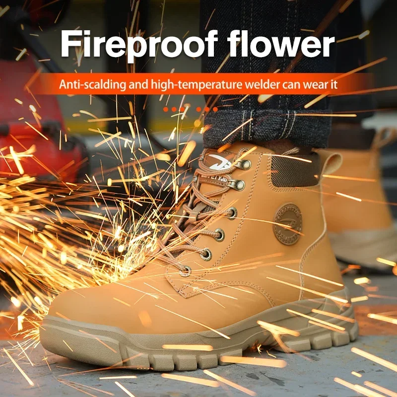 2024 New Anti-smash Work Safety Boots for Men, Steel Toe Shoes, Puncture-proof, Indestructible, Waterproof Sneakers Brown Boots
