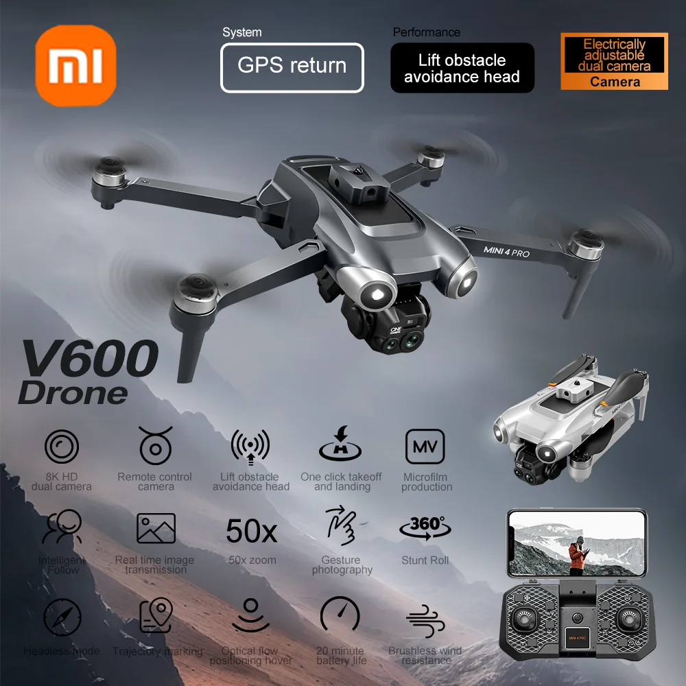 Foldable Quadcopter Xiaomi V600 Drone 8K Mini 4 Professional HD Dual Cameras Optical Flow Positioning Auto Avoidance WIFI UAV GPS 10000M
