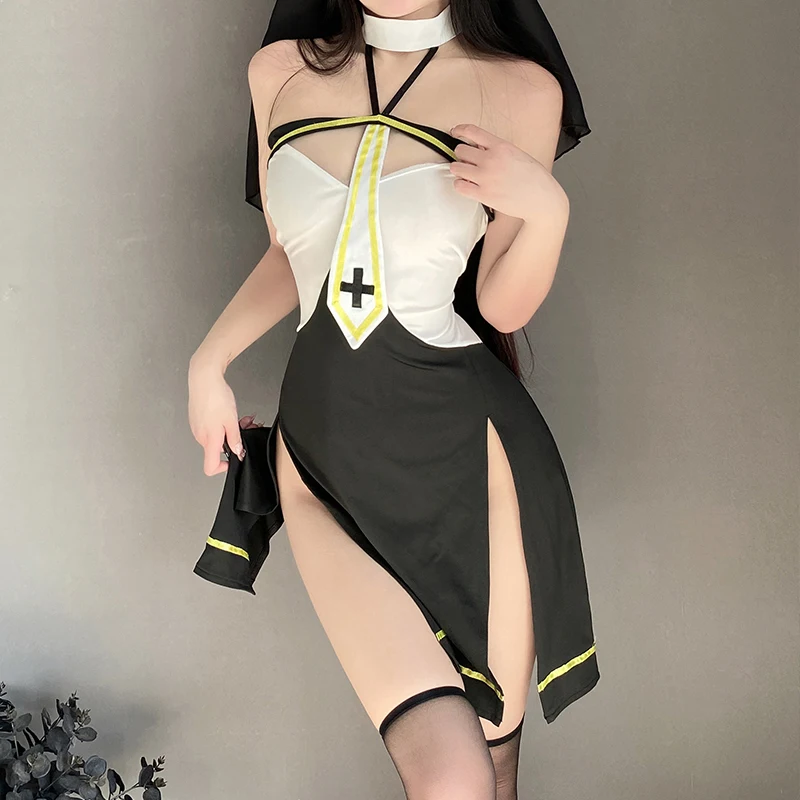 

Nun Role-Playing Costume Sexy V-neck Open Back Split Dress Black Pastor Anime Cosplay Lingerie Suit Uniform Temptation New 2023