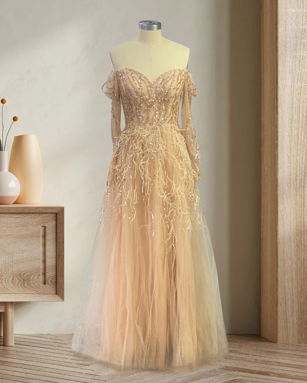 

Gold Feathers Evening Dresses Sequined A Line Luxury Dubai Arabic Beading Burgundy Lilac Robe De Soiree Formal Party Prom Gowns