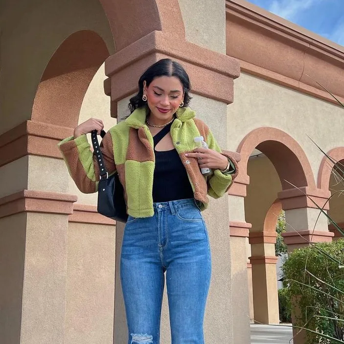 

Avocado Green Color Collision Splicing Cardigan 2022 New Niche Senior Sense Lambswool Plus Thick Jacket Female