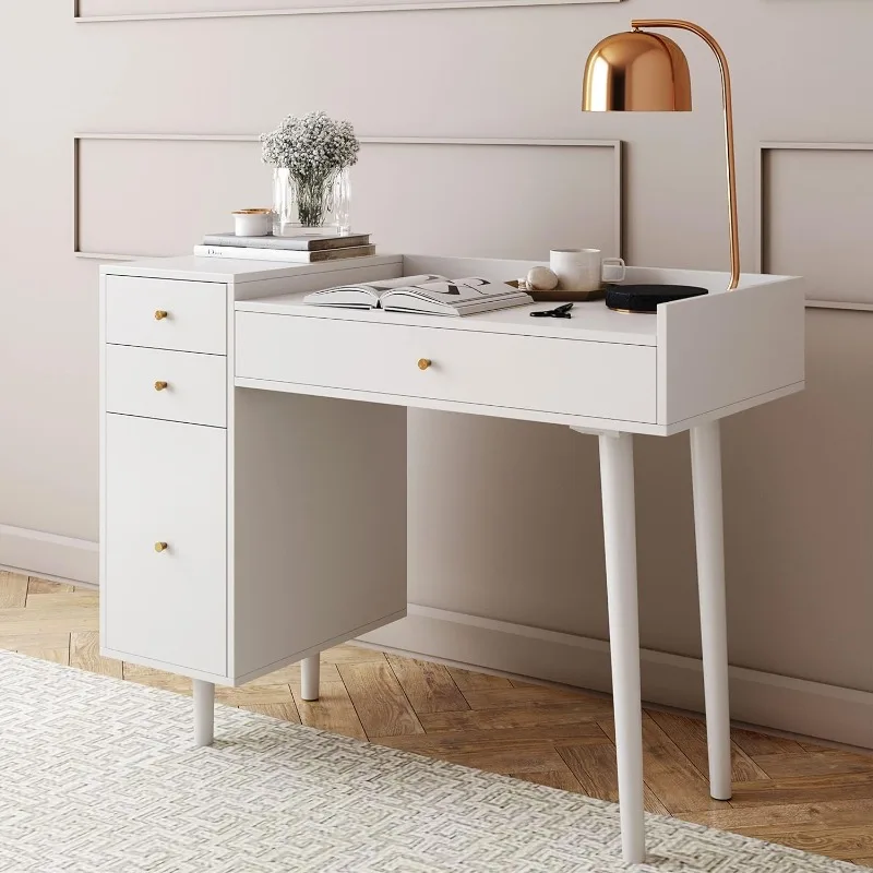 

Nathan James Daisy Vanity Dressing Table or Makeup Desk with 4-Drawers and Brass Accent Knobs, White Wood