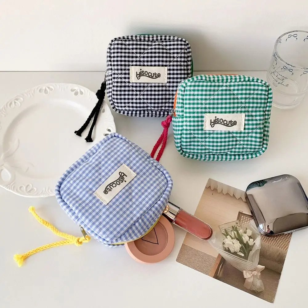 Cotton Plaid Coin Purse Cosmetic Bag Organizer