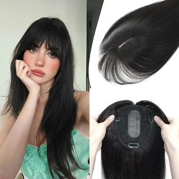 12x13cm Virgin Remy Human Hair Toppers with Bangs Black Brown Clip in Hair Toupee for Women Skin Scalp Clip in Remy Hair Pieces 1