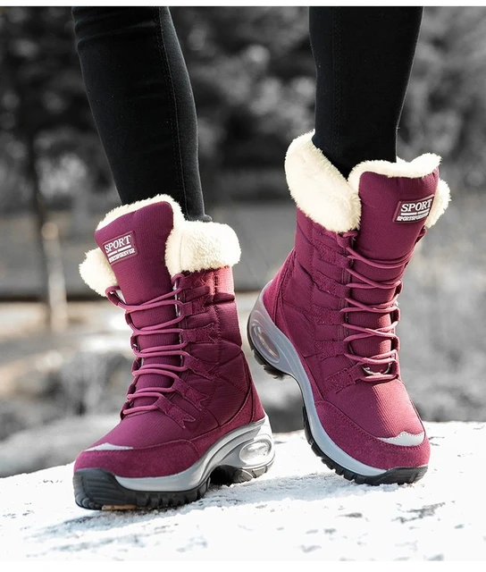 Bottes de neige à semelle antidérapante pour femme, chaussures d'extérieur,  chaudes, épaisses, mi-mollet, avec fourrure, hiver - AliExpress