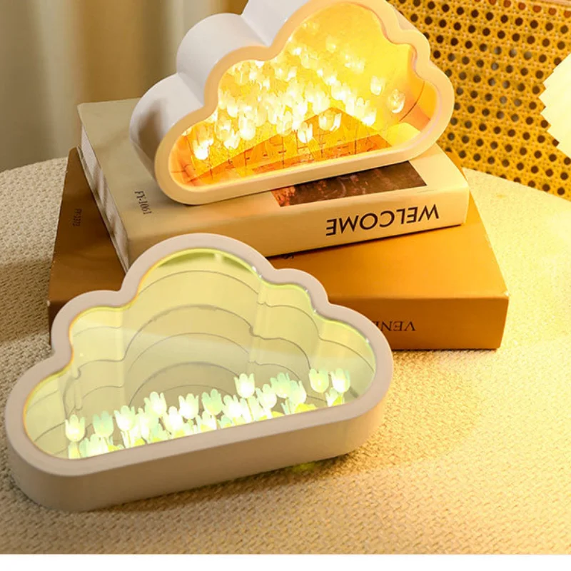 LED Night Light Handmade DIY Tulip Flower Sea Night Atmosphere Lamp Clouds Tulip Mirror Table Bedroom Decor