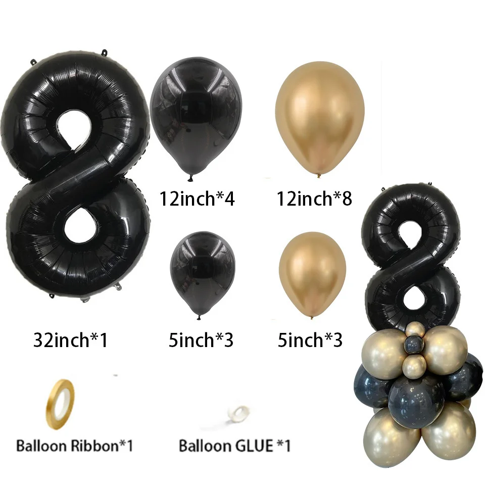 Bouquet Ballons d’anniversaire avec confettis et chiffres - noir et or