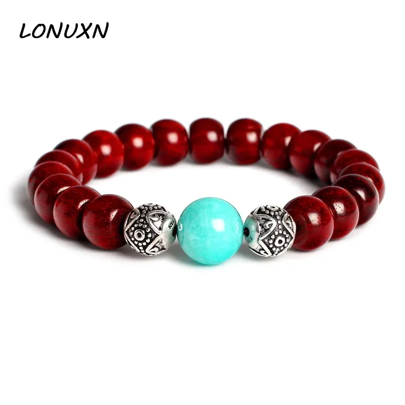 

New 925 Sterling Silver Natural Stone Amazonite Lobular Red Sandalwood Buddha Beads Bracelets Golden Star Old Material Jewelry