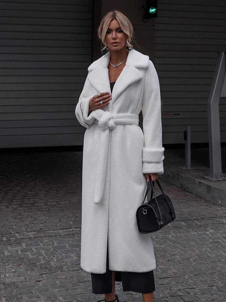 

Winter Women Pink Woolen Coat Thick Warm Sweet Lapel Belt Office Lady Long Windbreaker Fashion Thick Streetwear Female Coats
