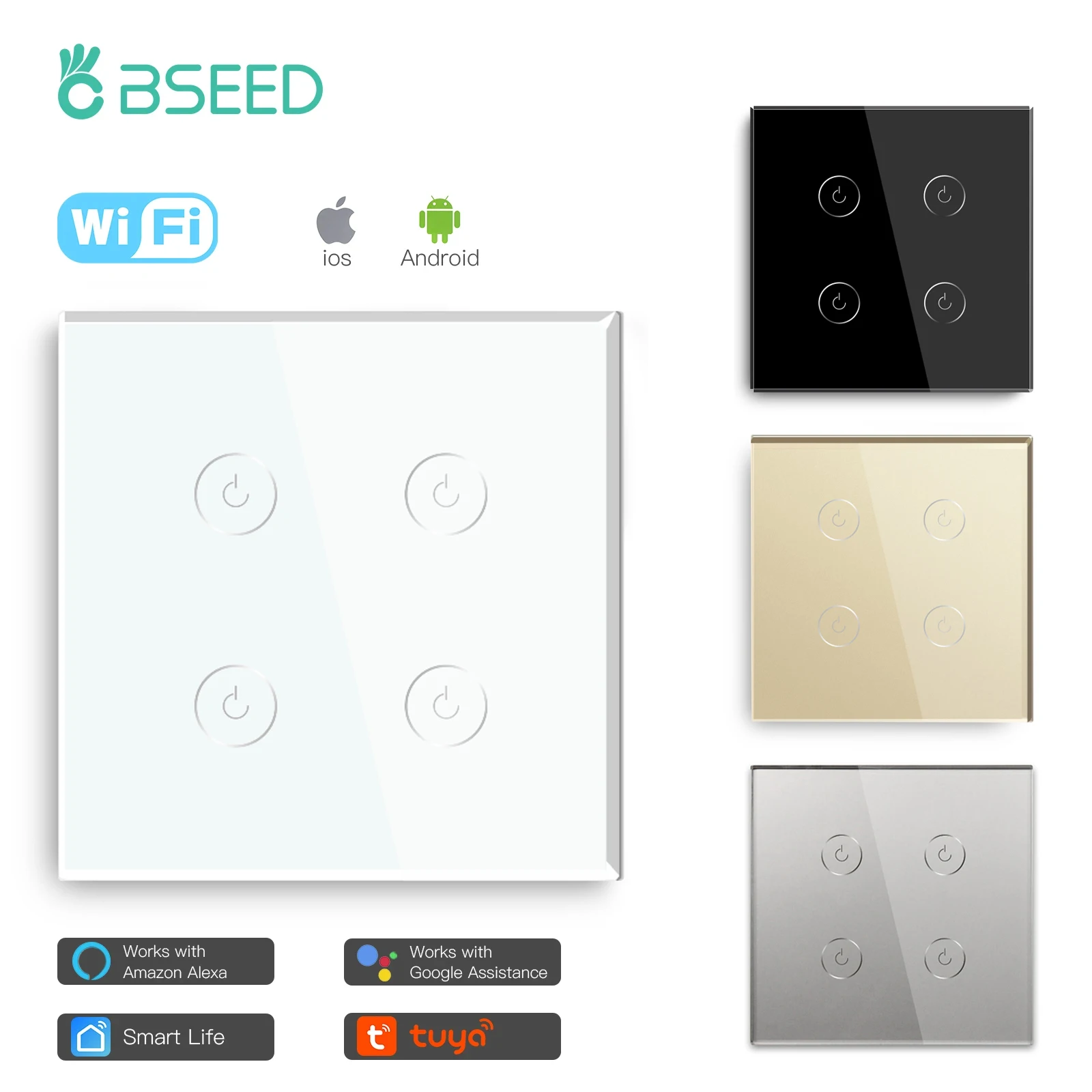Gang Wifi Light Switch Padrão da ue sem Fio Branco Preto Cores Douradas Trabalhar com Tuya Bseed4
