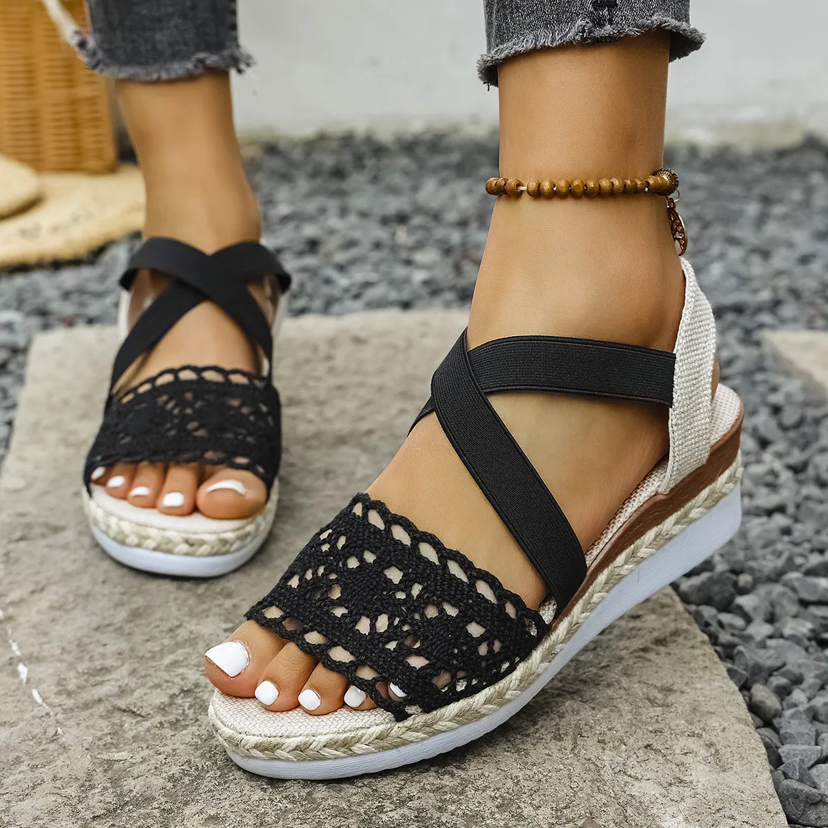 Women Hollow Wedge Sandals Summer Peep Toe Ankle Buckle Sandals Woman Thick Sole Elegant Platform Comfortable Beach Shoes