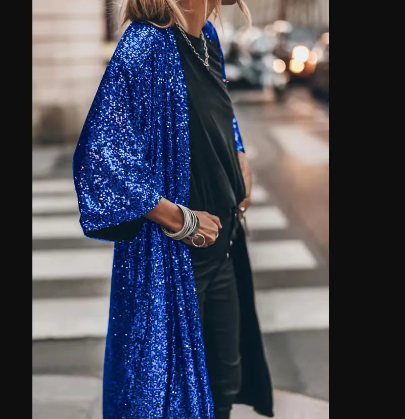 Korean Streetwear Spring 2023 Kimono Women 3/4 Sleeve Sequined Cloak Black Silve/Blue/Green Loose X-Long Cape images - 6