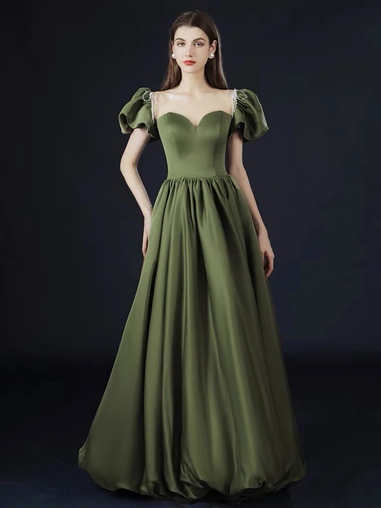 

Olive Green Evening Dresses Satin Beading O Neck Women Princess A-line Wedding Puff Sleeve Engagement Prom Party Gowns New