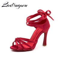 Ladingwu Burgundy Satin Latin Dance Shoes Puttee Four-band Knot Salsa Dance Shoes Ballroom Tango Dance Shoes 1