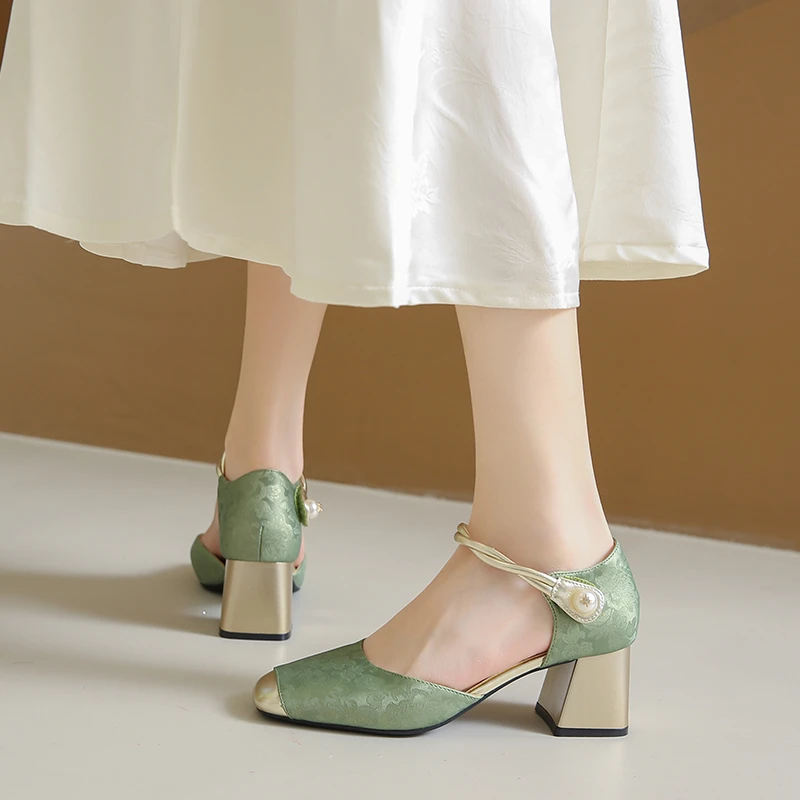 Aphixta 6.5cm High Heels Sandals Retro Embroider Women Spring Summer Shoes Hook Loop Pear Dec Dress Pump Shoes Cover Toe Sandal