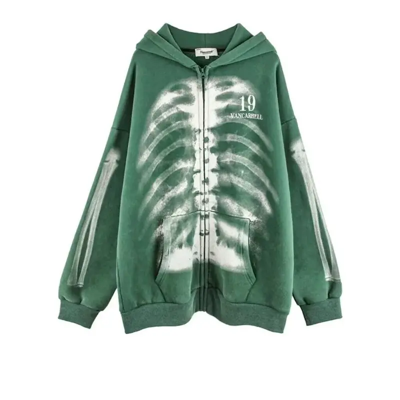 Oversized Hoodies Women Washed Olded Skeleton Print Hooded