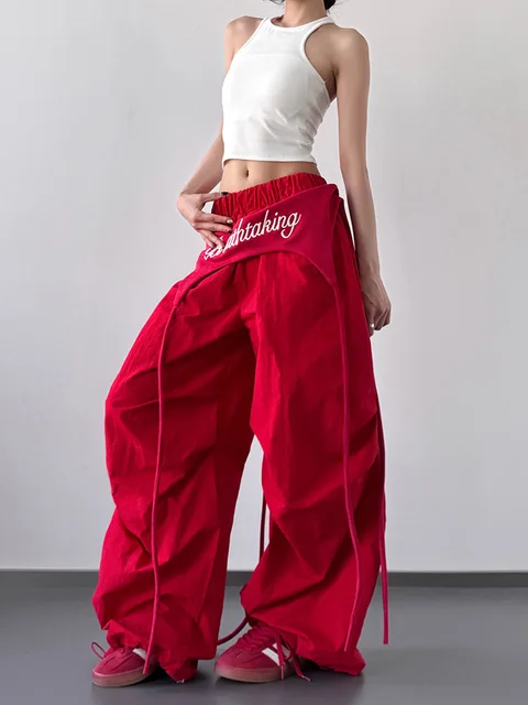 Women's Dance & Y2K Style Pants - Cross-layer Straps Design Casual Streetwear Trousers Wide Leg Cargo Pants for Hip Hop Dance