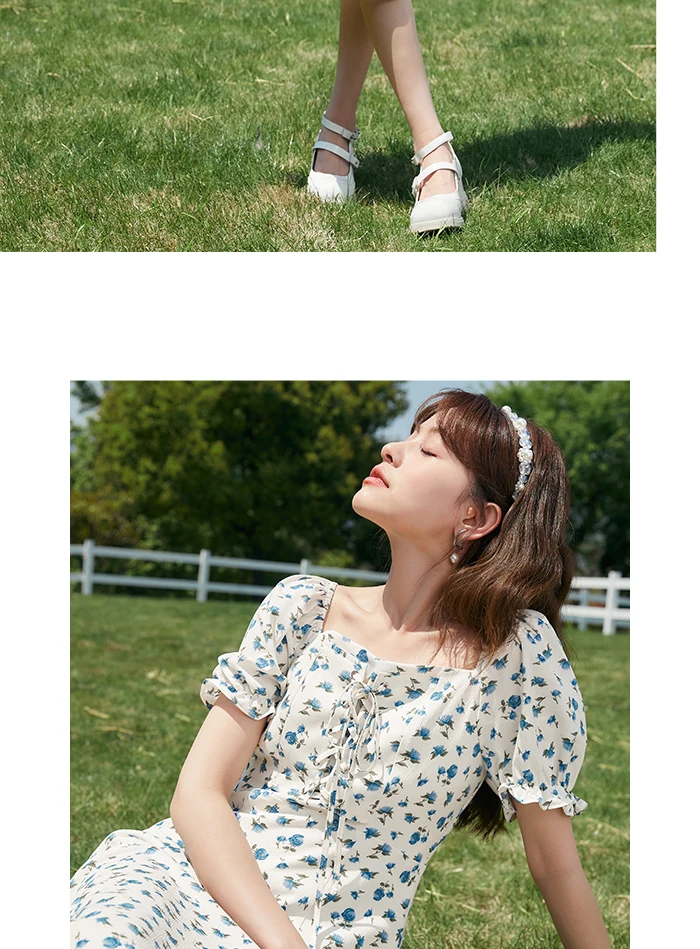 Dress Women Texture Chiffon Floral Romantic Temperament Square Neck Tea Break Dress