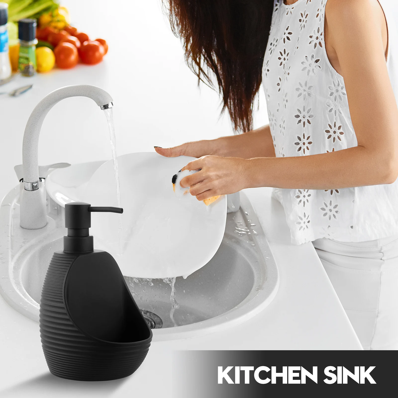 2-in-1 Modern Kitchen Soap Dispenser with Sponge Holder Nylon Scrubber Matte Stripe Black